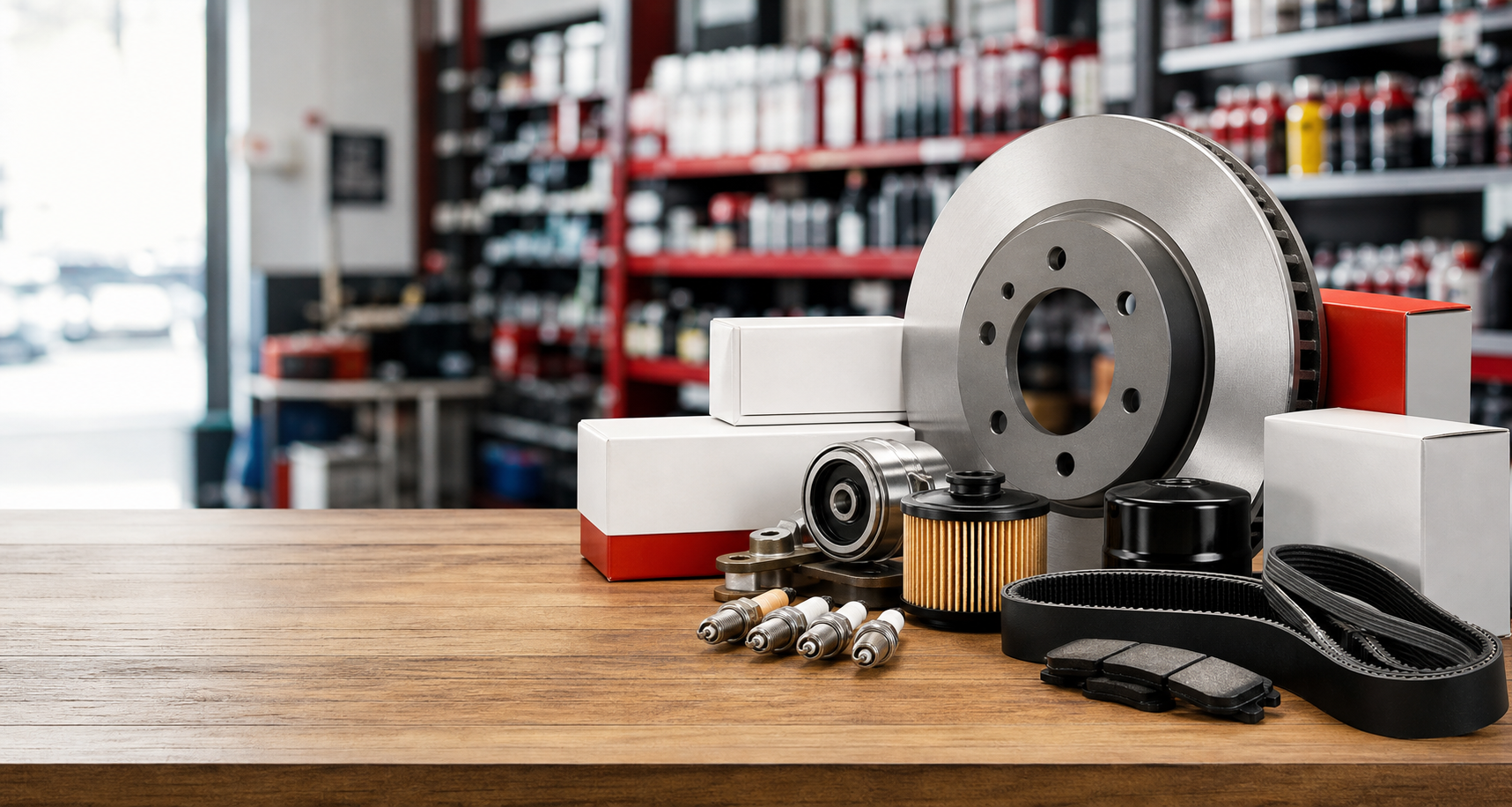Automotive replacement parts arranged on a parts counter